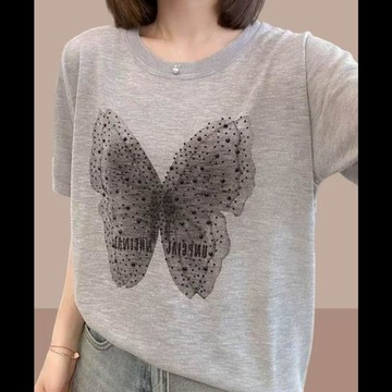 胖MM大碼短袖t恤女時尚百搭夏季新款爆款蝴蝶提花圓領短袖上衣
