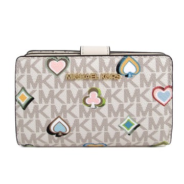 MICHAEL KORS JET SET TRAVEL 金字LOGO霜白色印花防刮滿版對開式中夾