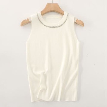 秋冬新款訂單重工釘珠簡約百搭氣質圓領套頭超彈修身無袖針織背心