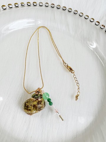 天然彩綠螺旋鍍金貝殼x粉晶x東菱玉 18k 原創手作小眾 串珠項鍊