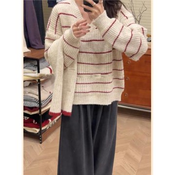 2025冬季新款毛衣女寬松休閑V領條紋慵懶風撞色長袖套頭針織上衣