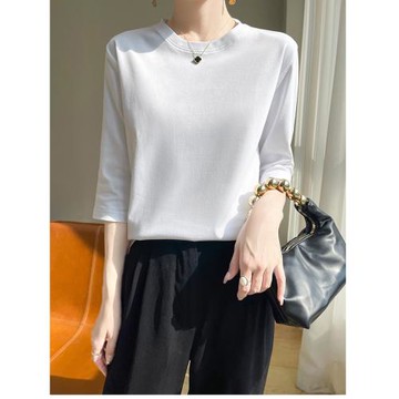 2025春夏新款純棉中袖上衣女七分袖t恤高端絲光棉短袖內搭體恤衫