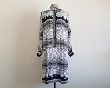 復古黑白條紋雪紡長袖高領中碼 M 女式連衣裙