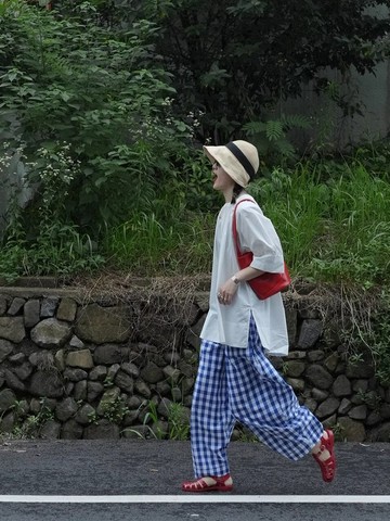 日系寬松藍格子黑白格休閒寬鬆鬆緊腰氣球闊腿九分褲