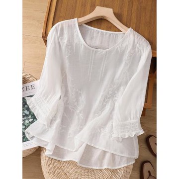 設計感刺繡純色棉麻漂亮襯衫女夏季氣質顯瘦減齡套頭小衫苧麻上衣