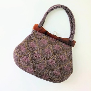 古董 珠飾包 紫色 古銅色 青海波紋 派對包 宴會包 手工製作 珠飾刺繡 復古