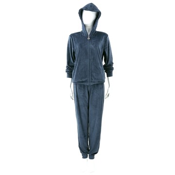 Emporio Armani 衍縫紋帽珊瑚絨黑藍運動套裝(連帽外套+長褲)