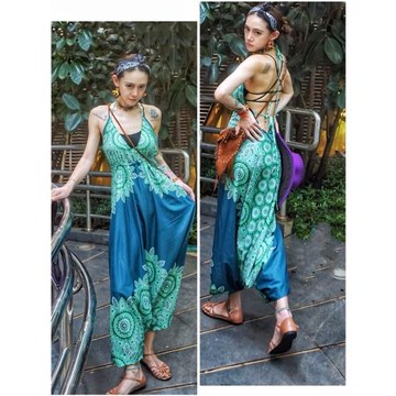 羅大娘 泰國連體褲海邊度假沙灘長褲民族風辣妹露背吊帶褲大襠褲