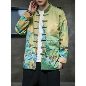 中山裝男青年春秋季中國風漢服唐裝印花新中式男裝盤扣夾克外套潮