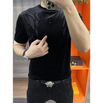 潮流時尚男士秋季新款金絲絨短袖T恤個性燙鉆印花休閑百搭舒適