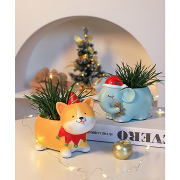 L-one 可愛卡通小動物聖誕節多肉花盆 兔子/刺猬 微景觀多肉植物苔蘚盆栽擺件 DIY花盆裝飾品 綠植微景觀創意花盆