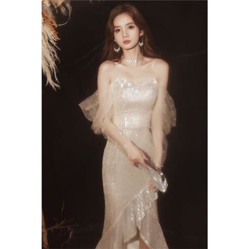 宴會晚禮服裙女2025新款輕奢名媛氣質亮片性感魚尾主持人重工敬酒
