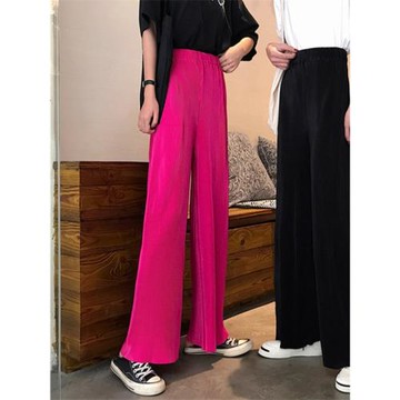 夏季薄款玫粉色冰絲百褶褲垂感雪紡暖紫色闊腿褲女高腰寬松褲子春