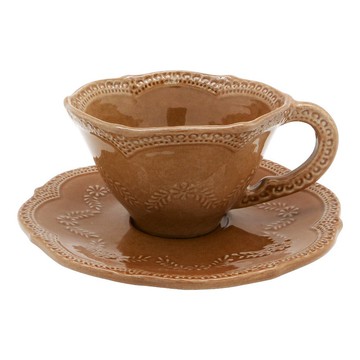 義大利VBC casa手工浮雕蕾絲系列240ml咖啡花茶杯盤組(深栗棕)