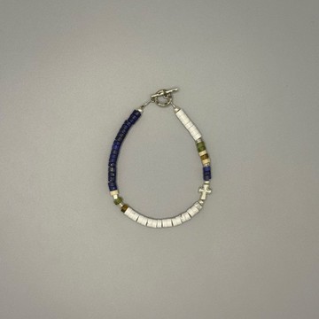 7AB 小眾VINTAGE天然青金石手串白松石925銀十字架復古中性款手鏈