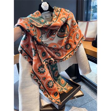中國風復古腰果花橙色披肩女秋冬出游百搭多功能保暖圍巾雙面圍脖