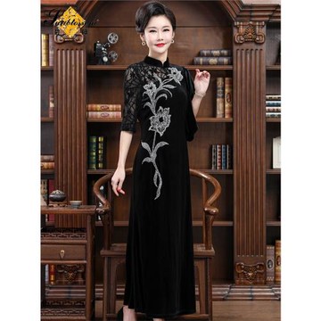 碧陽2022春秋絲絨蕾絲繡花顯瘦氣質連衣裙名媛婚禮宴會表演晚禮服