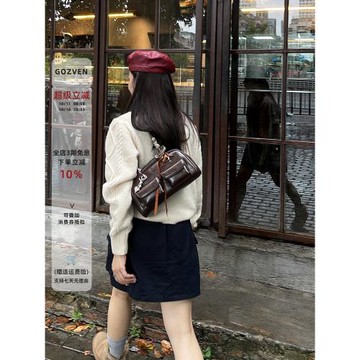 允真同款保齡球包小眾高級感長柄雙口真皮復古波士頓包單肩腋下包