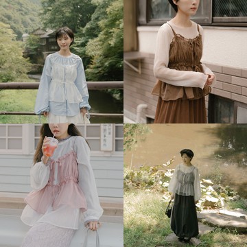 荷葉邊雙綁帶透膚細肩罩衫背心 四色售