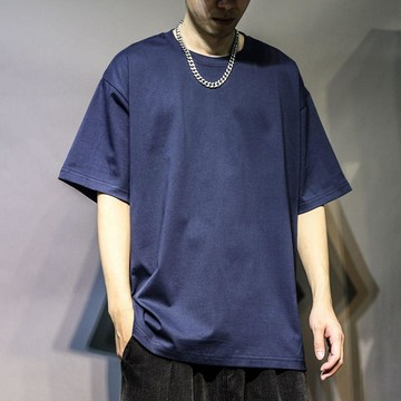 純棉短袖t恤男圓領寬鬆純色藏青打底衫半袖夏季休閒百搭潮牌體恤 寬短T 短版T 寬短素T 寬鬆 落肩寬鬆 五分袖T恤 重磅