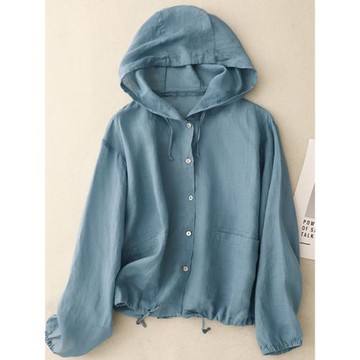 亞麻連帽防曬衫外套女夏季寬松顯瘦下擺抽繩長袖薄款棉麻襯衫上衣