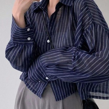 【台灣出貨】慵懶風長袖襯衫 防曬衣外套 女 復古條紋襯衣 寬鬆顯瘦 短款 休閒上衣 夏 上衣 shirt