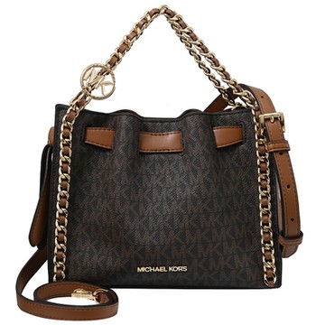 MICHAEL KORS MINA鍊條裝飾邊滿版MK印花兩用斜背包(深咖)