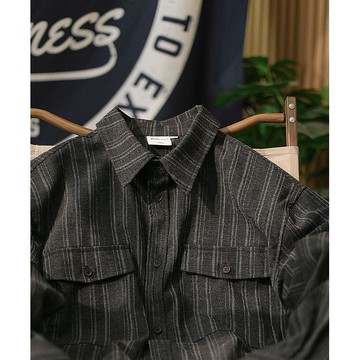 日系復古條紋襯衫男休閒寬鬆翻領長袖襯衫男