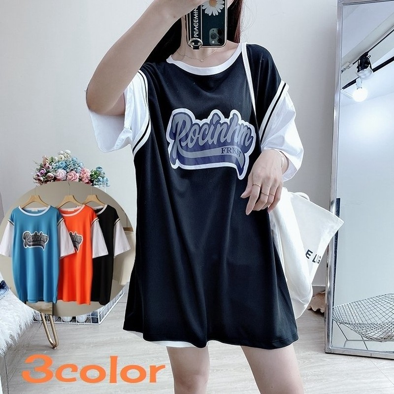 半袖tシャツ レディース ラウンドネック トップス 女性用 重ね着風 ロゴ ユニフォーム風 無地 おしゃれ カジュアル シンプル ゆったり 体型カバー 通販 Lineポイント最大0 5 Get Lineショッピング