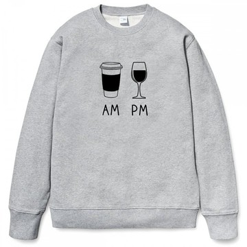 COFFEE AM WINE PM 大學T 刷毛 中性版 灰色 咖啡 酒 插畫 禮物