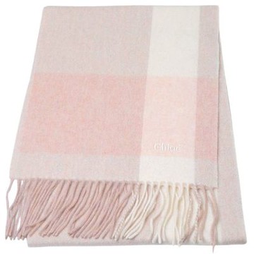 CHLOE 經典刺繡品牌LOGO圖騰喀什米爾圍巾(粉紅格/195*31CM)