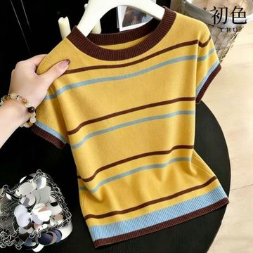 初色 韓系撞色條紋圓領短袖涼爽冰絲針織顯瘦T恤上衣女上衣-黃色-50904(F可選)