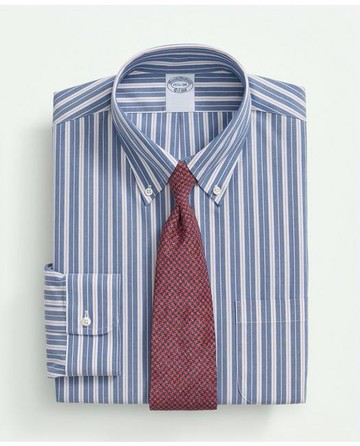 Brooks Brothers Men's Stretch Supima Cotton Non-Iron Poplin Polo Button Down Collar, Striped Dress Shirt | Bright Blue | Size 15½ 34