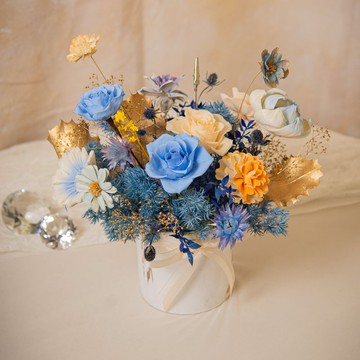 【熾藍】藍黃色盆花 永生花 乾燥花開幕盆栽 新居賀禮 / 升遷桌花