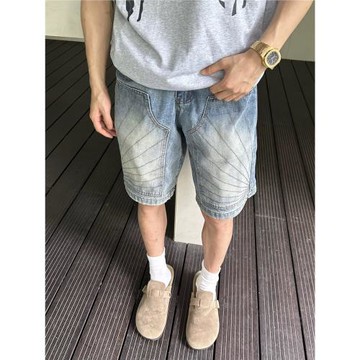 美式復古重工解構牛仔短褲男夏季寬松設計感復古水洗情侶五分褲