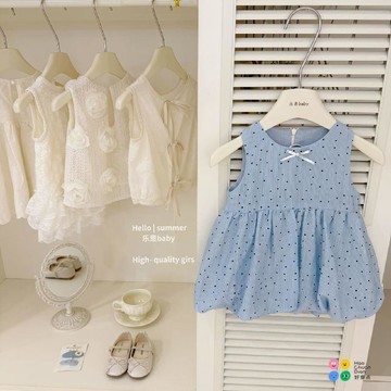 女童無袖蝴蝶結連衣裙夏季藍色波點花苞裙女韓版甜美公主裙子女童夏季洋氣連衣裙 女童百搭潮流洋裝 女童時髦甜美仙美裙子