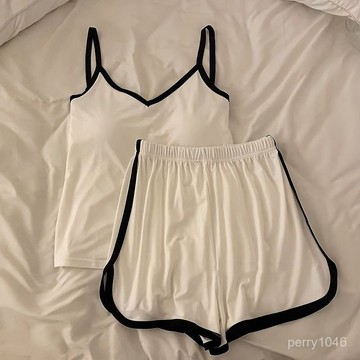 🌟臺灣48H出🌟【反季清倉】涼感冰絲款睡衣女夏季吊帶背心帶胸墊薄款套裝家居服 SKXD