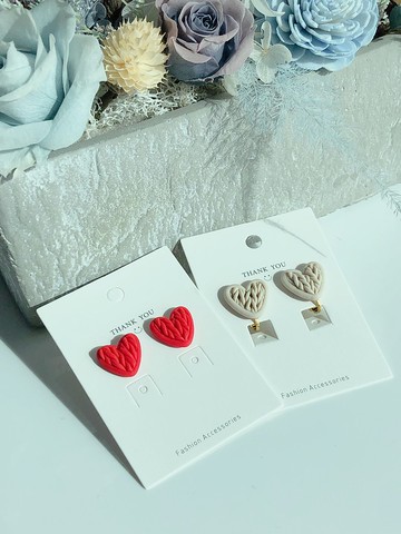 針織心心軟陶耳環/耳夾