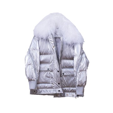 羽絨夾克白鴨絨外套-羊毛毛領亮面個性短版女外套2色73wc5【獨家進口】【米蘭精品】