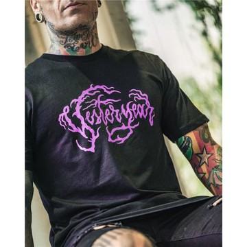 美式復古高級感短袖T恤潮牌上衣紫色焚文印花寬松大碼圓領短袖