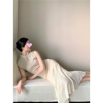 新中式國風改良旗袍盤扣白色冰絲針織連衣裙長款2025夏款女裝新款