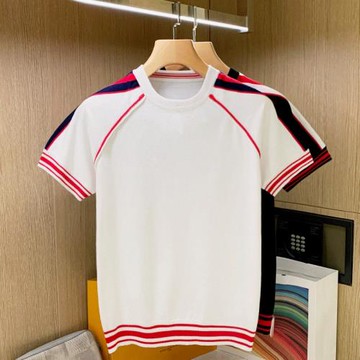 歐洲站潮流衣服男修身針織打底衫男 撞色條紋內搭上衣男士短袖t恤