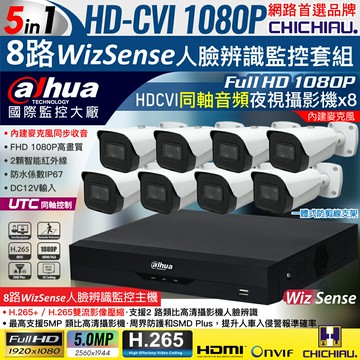 【CHICHIAU】Dahua大華 5MP 8路CVI 1080P數位遠端監控套組(含2MP同軸音頻紅外線攝影機x8)