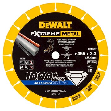 DEWALT 得偉 EXTREME METAL超強鑽石金屬鋸片 355 x 25.4 x 3.3mm DT40257 耐用切割  1片
