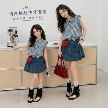 【中大女童/親子裝】學院風小飛袖格子襯衫百褶裙套裝