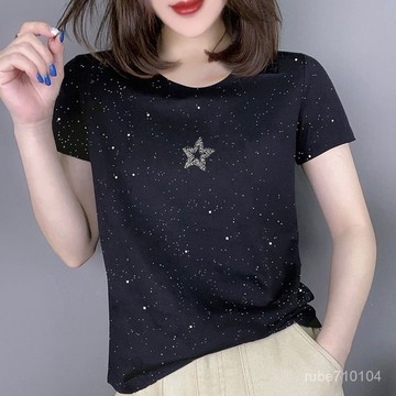 洋裝 短袖t恤 女裝 顯瘦上衣 寬鬆上衣 韓版日係港風潮流 冰絲短袖T恤女歐洲站夏季女裝新款時尚燙金黑色百搭上衣女潮