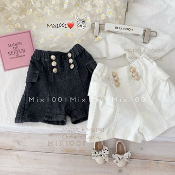 🌈✨mix1001 側抓皺排釦造型高腰短褲✨兒童白金色釦造型穿搭短褲 5-17