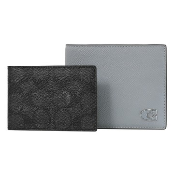 COACH CJ880 經典C LOGO皮革附活動夾/對開短夾.灰藍