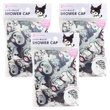 浴帽 可愛造型 鬆緊設計 防水防潮 多用途髮帽  酷洛米 黑色 + 透明色  3個