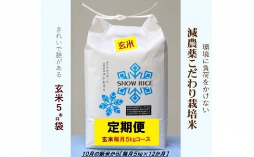 令和5年産減農薬コシヒカリ「SNOW RICE」玄米＜毎月5kg×12か月＞